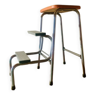 Vintage Brabantia step stool in wood, Skai and chrome metal