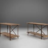 Industrial Side Table with Metal Frame and Wooden Top and Removable Platfor