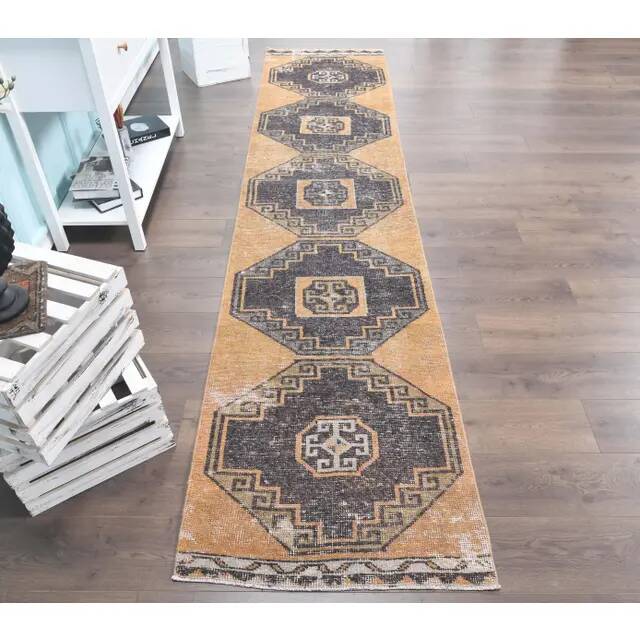 1960s Orange Geometric Turkish Hand-Knotted Runner Rug 77x345