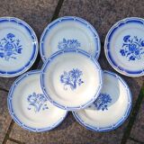 6 old blue flat plates mismatched
