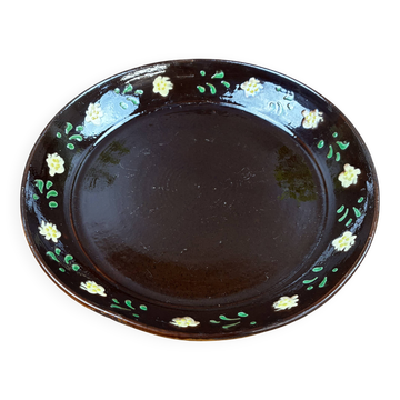 Old Round Glazed Pottery Plate with Floral Decoration