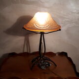 Lampe fer forge ancien abat-jour en verre moule 1920