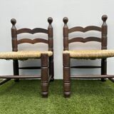 Pair of old low chairs in wood and straw
