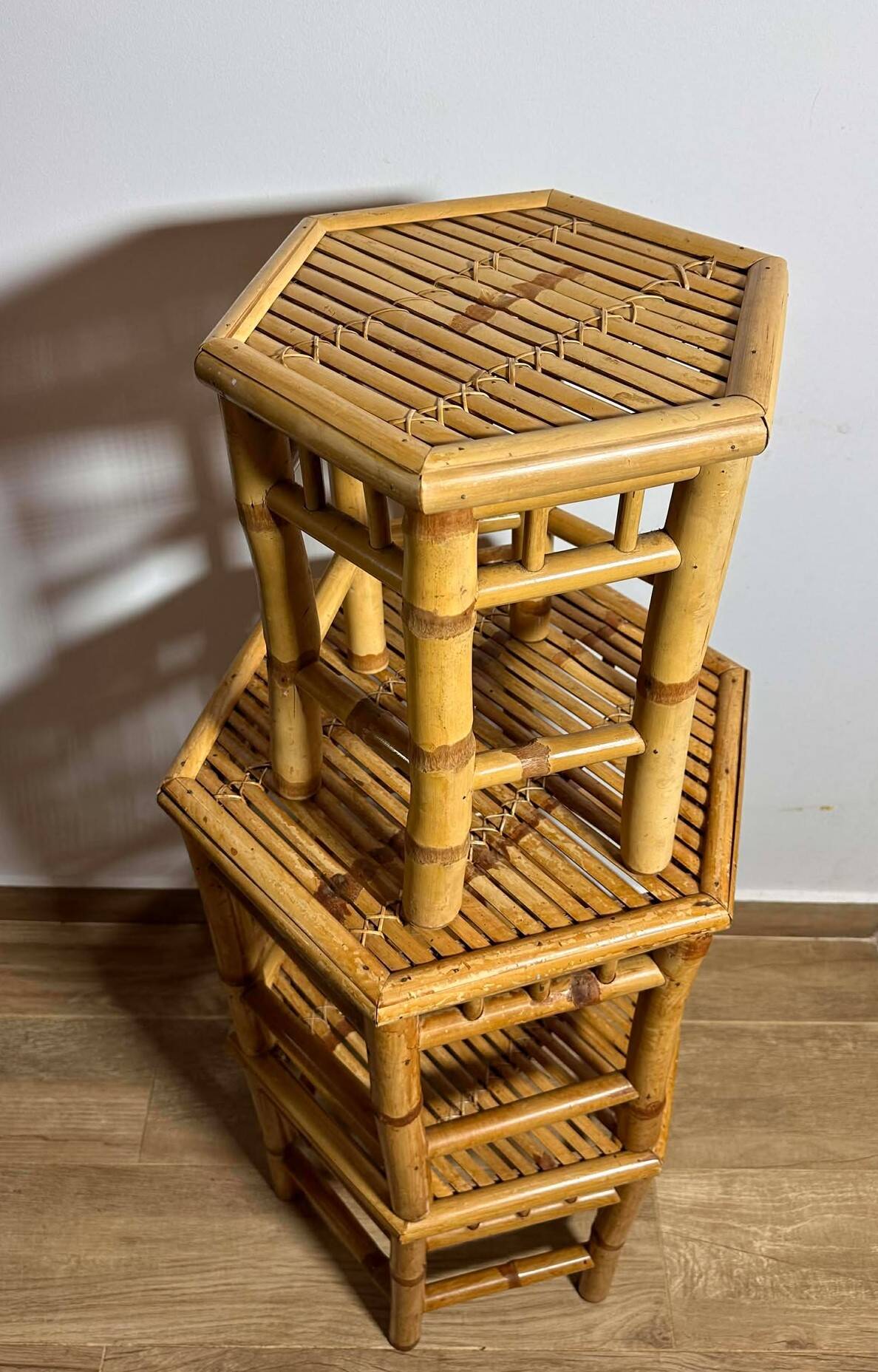Vintage Boho Mid Century Bamboo Hexagonal Side Coffee Tables Flower Stools