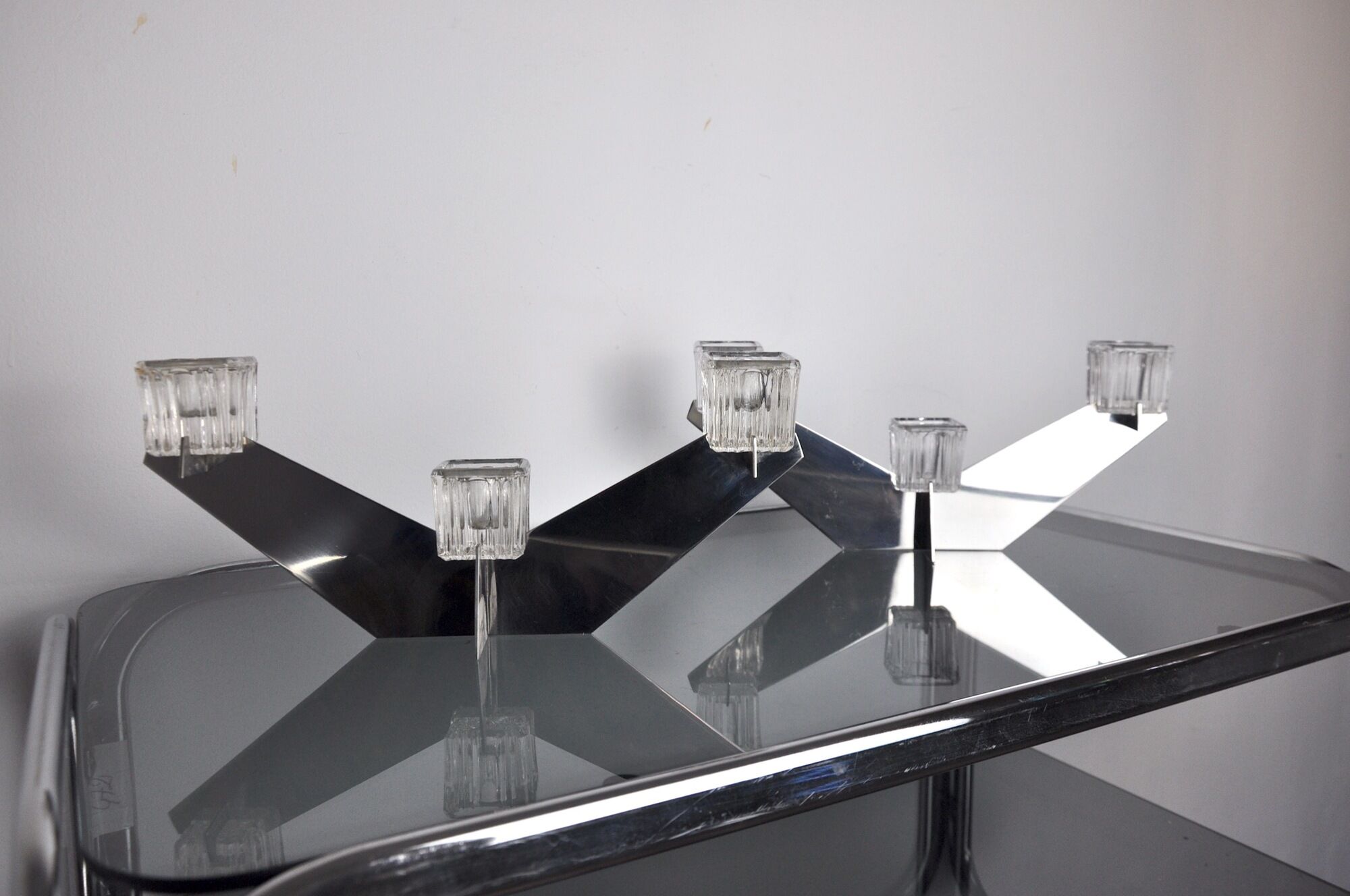 Pair of Peill & Putzler candlesticks, glass and metal, Germany, 1970