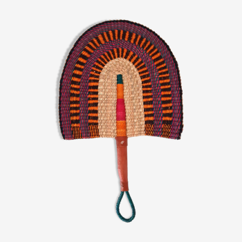 African fan bolga purple orange brown wall decoration of ghana, vegetable matter and leather