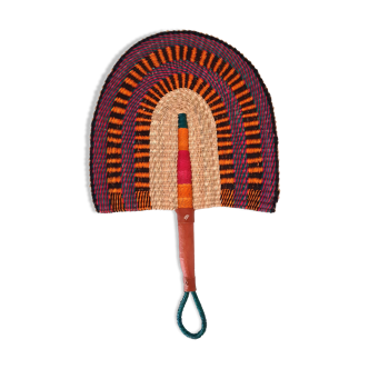 African fan bolga purple orange brown wall decoration of ghana, vegetable matter and leather