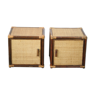 Pair of bedside tables or pieces of sofa in vintage rattan 1970