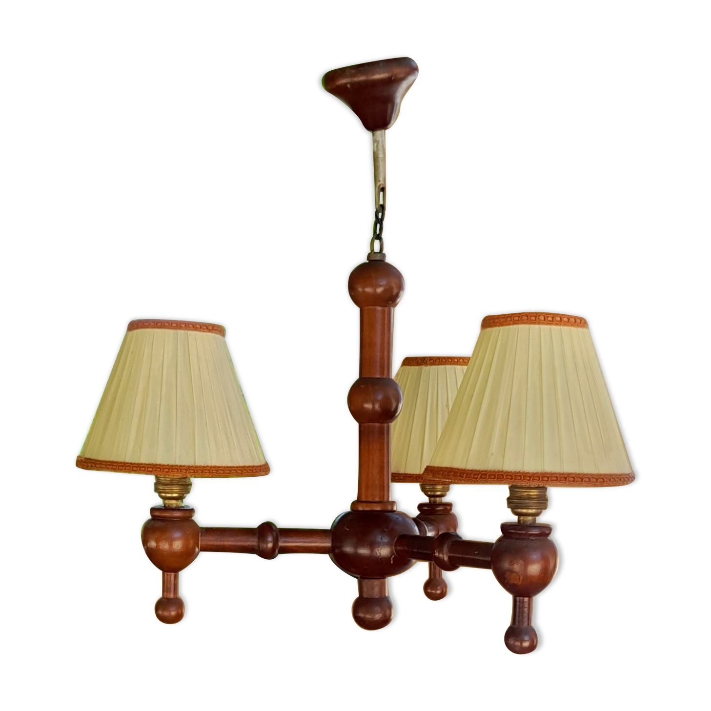 Wooden chandelier 3 branches & clip lampshades, rustic country