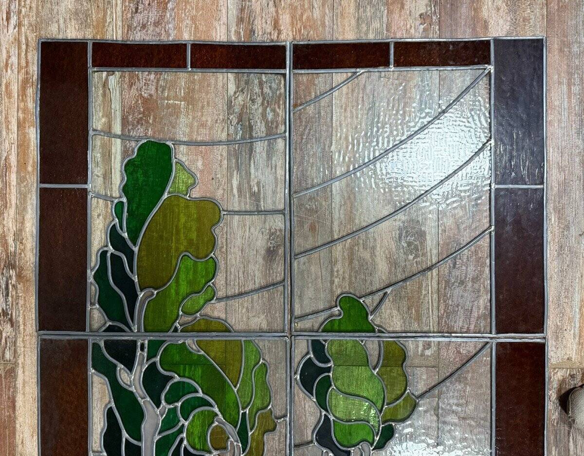 Ancient stained glass landscape decoration – Trees and hills – Early 20th century