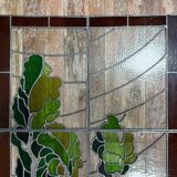Ancient stained glass landscape decoration – Trees and hills – Early 20th century