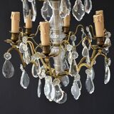 Chic lustre à pampilles bronze doré 6 feux enfilage verre ancien