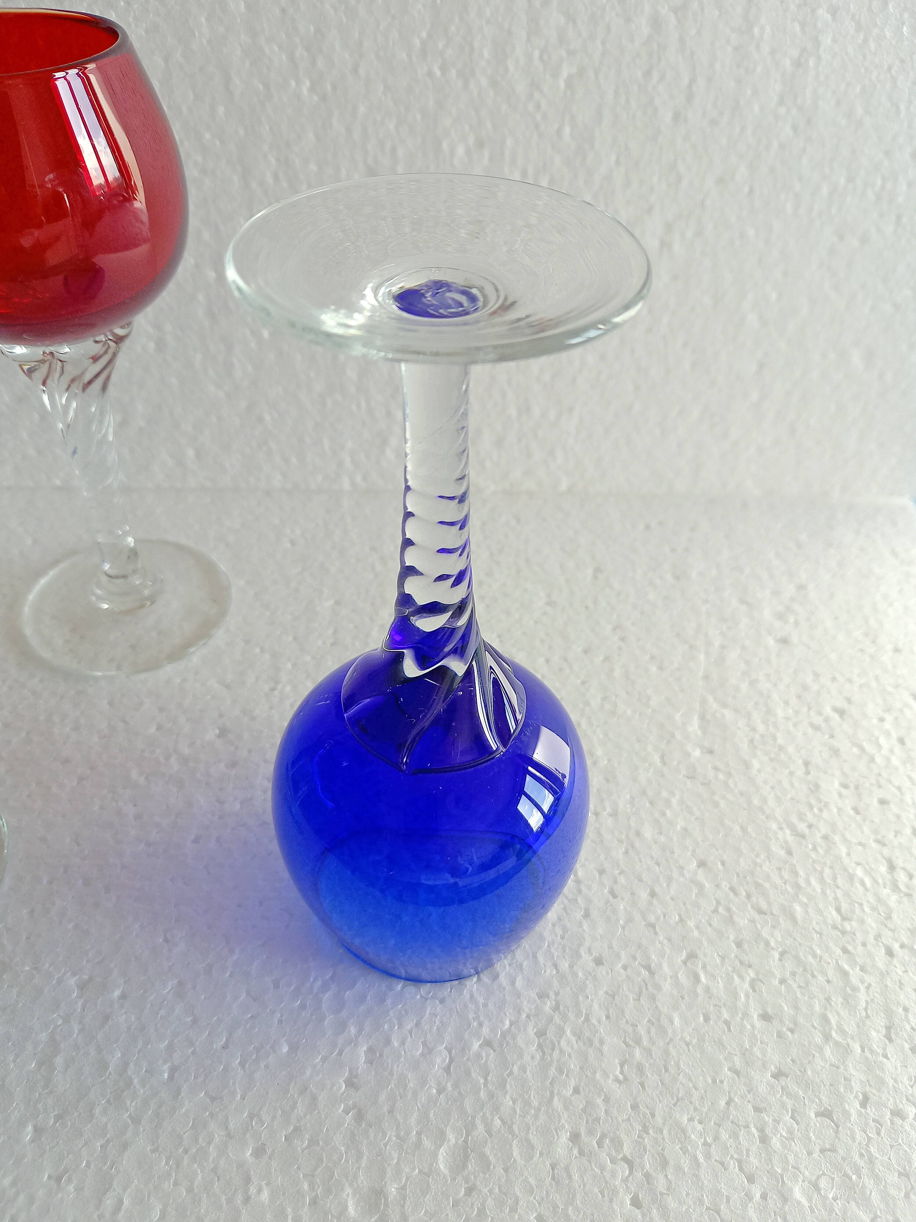 4 Antique Stemmed Liqueur Glasses in Colored Blown Glass