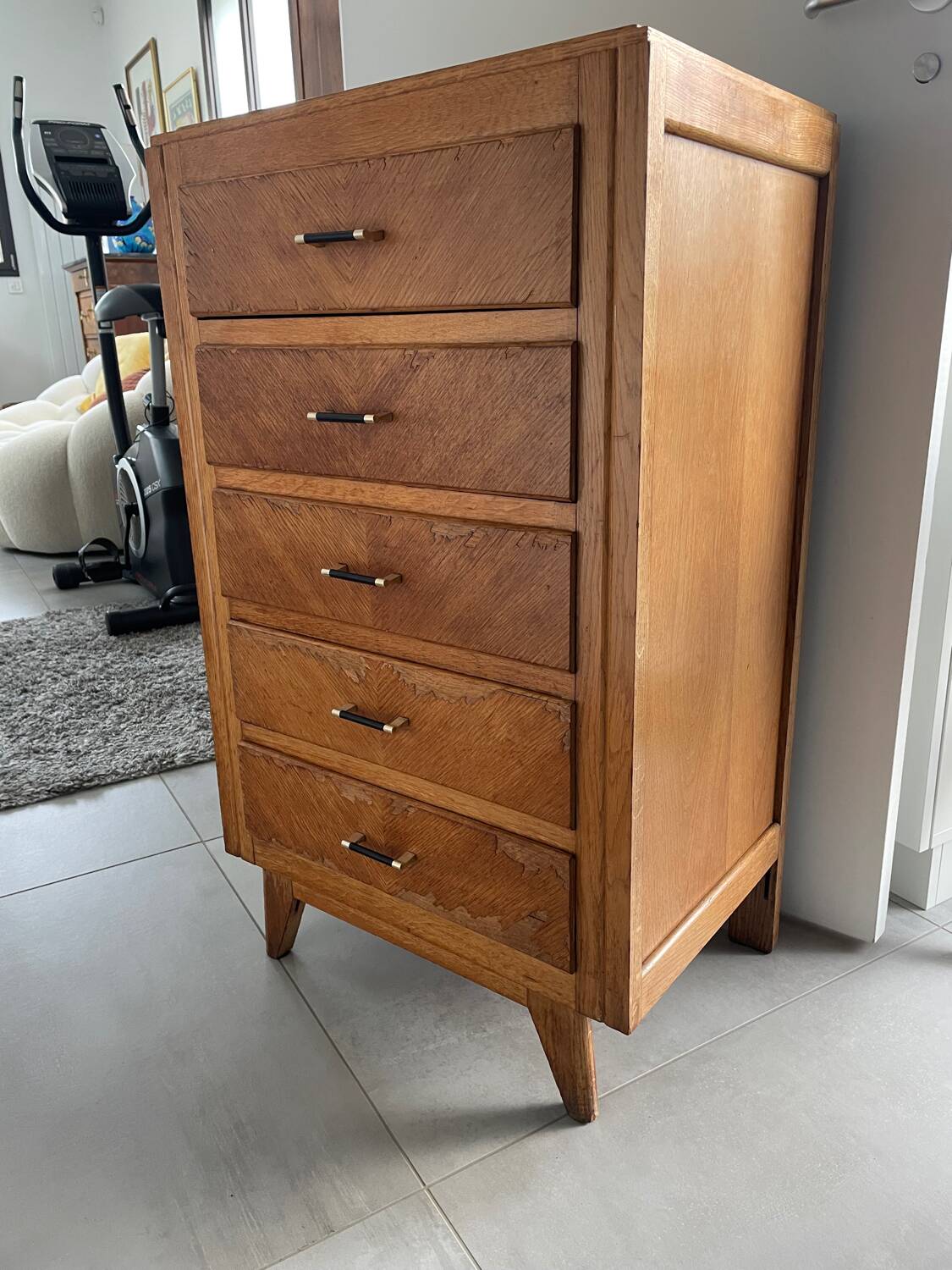 High chest of drawers with 5 drawers, vintage oak, 1950s