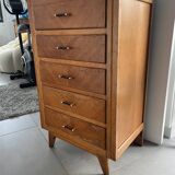 High chest of drawers with 5 drawers, vintage oak, 1950s