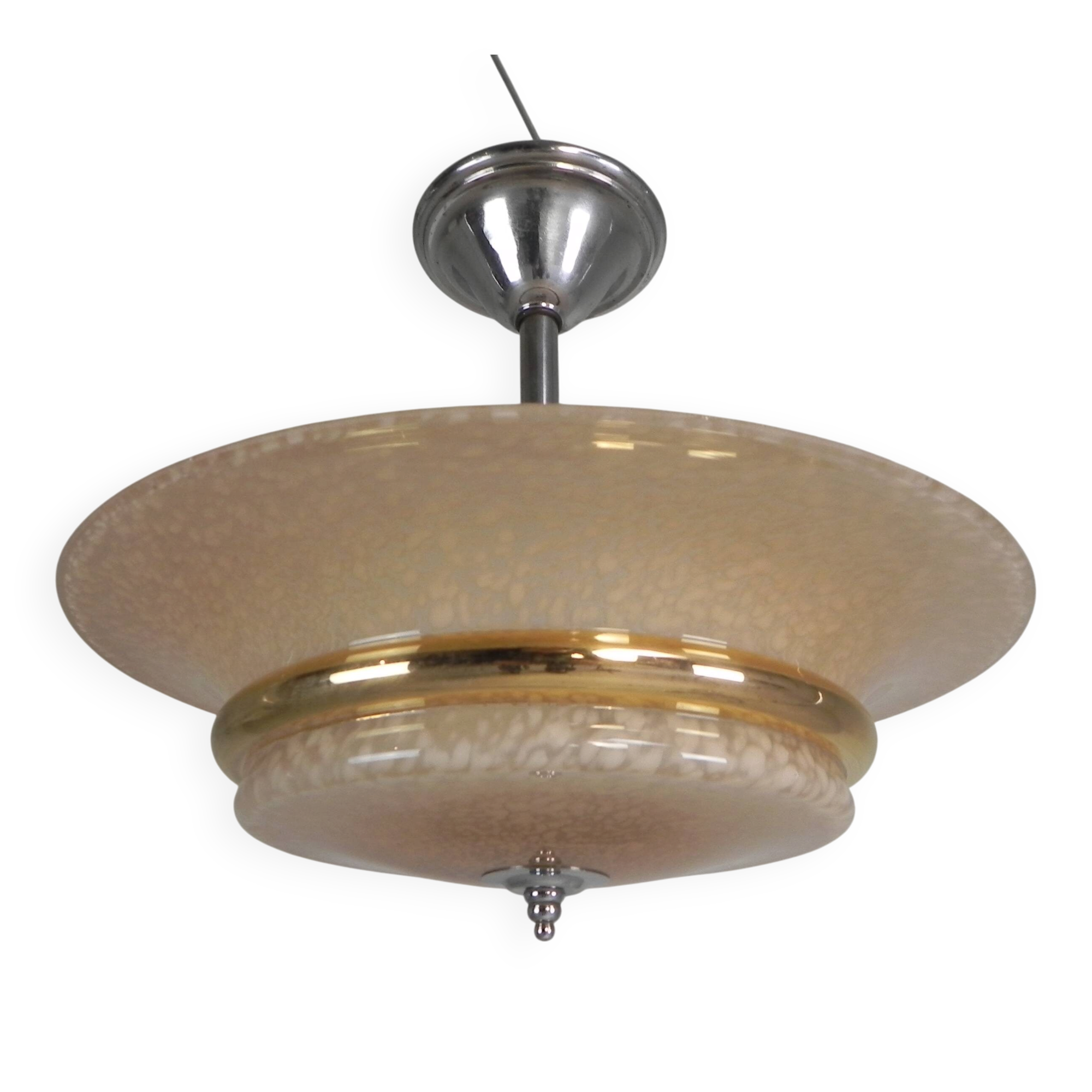 Art Deco suspension with cloudy glass shade and gold band, 1930s
