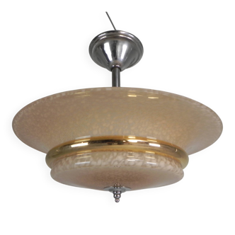 Art Deco suspension with cloudy glass shade and gold band, 1930s