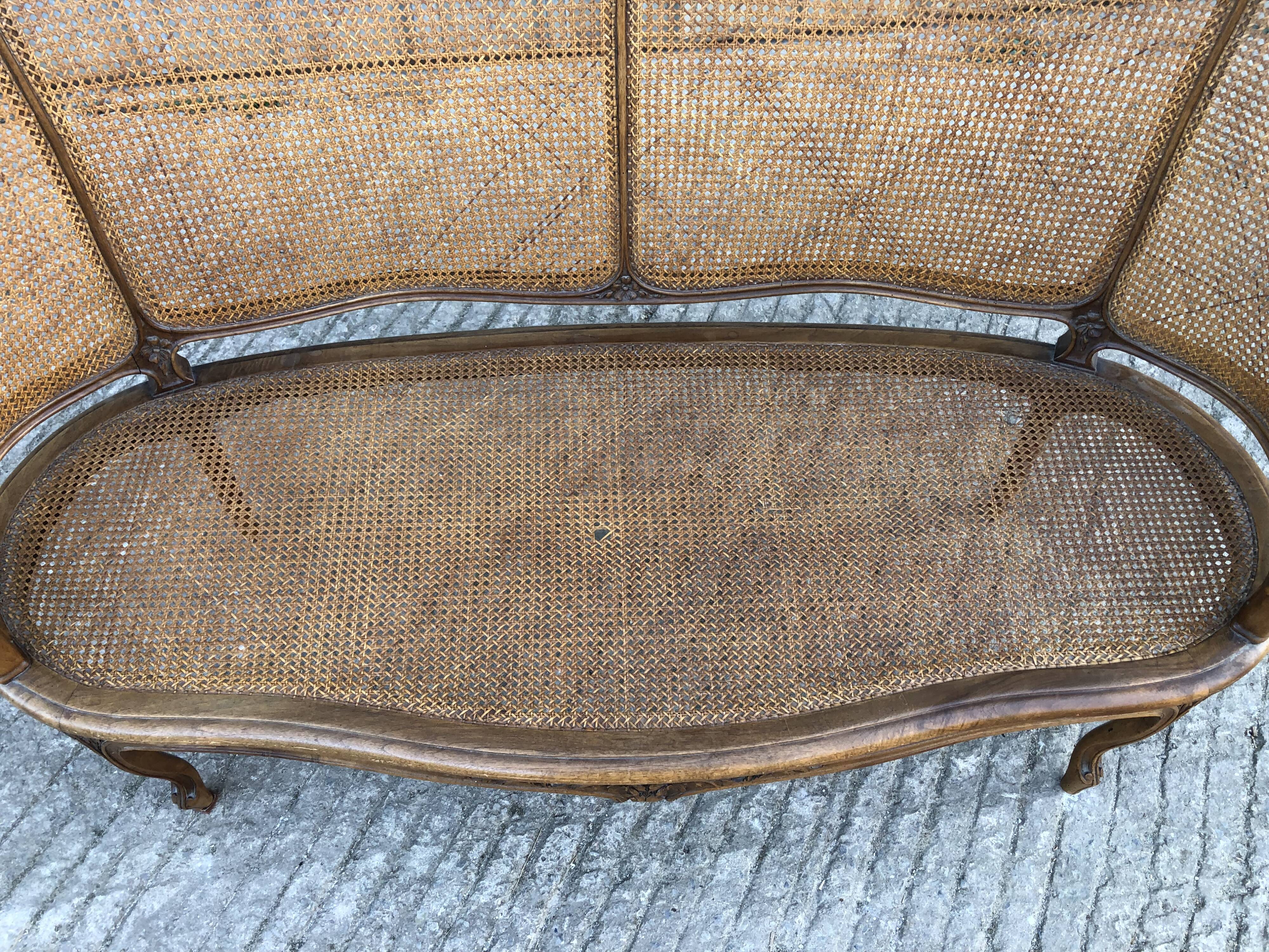 Antique Louis XV bench in solid walnut and caning