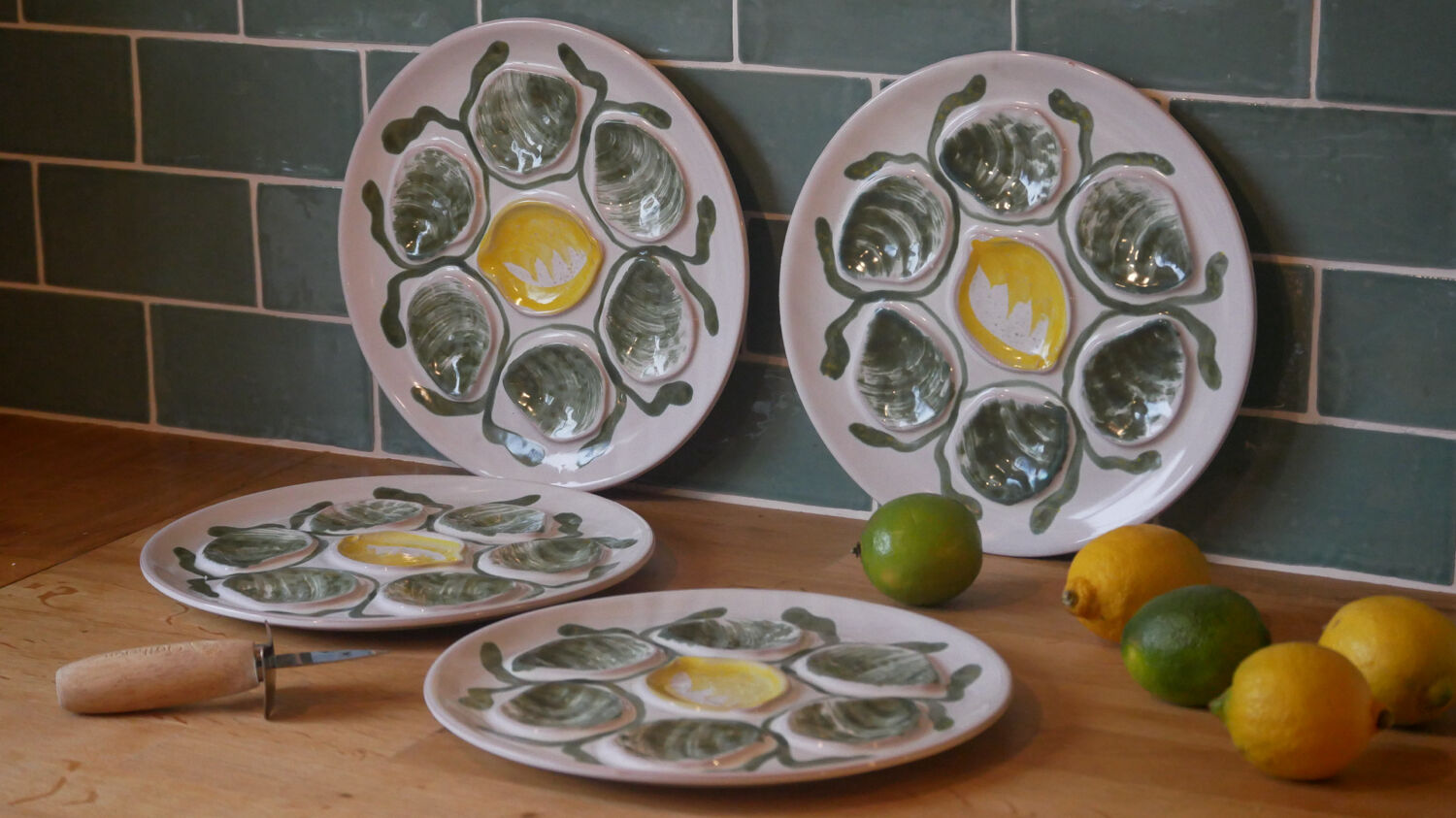Set of 4 Belon earthenware oyster plates – 25 cm – yellow & green