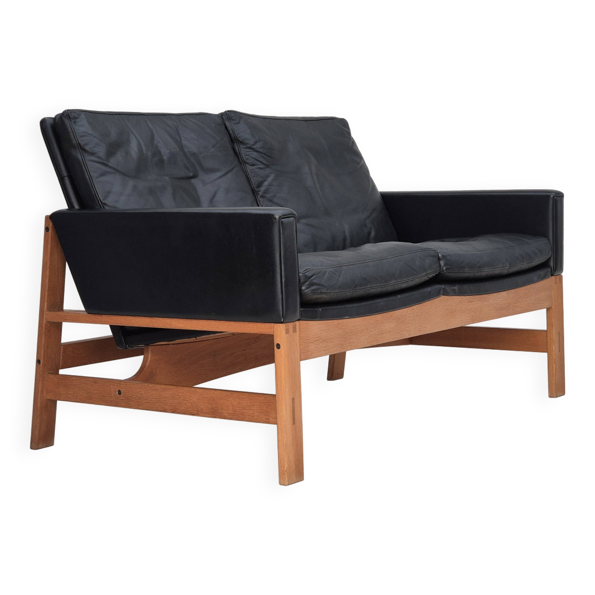 1960s, Danish 2-seater sofa in original condition, furniture leather, solid oak wood.