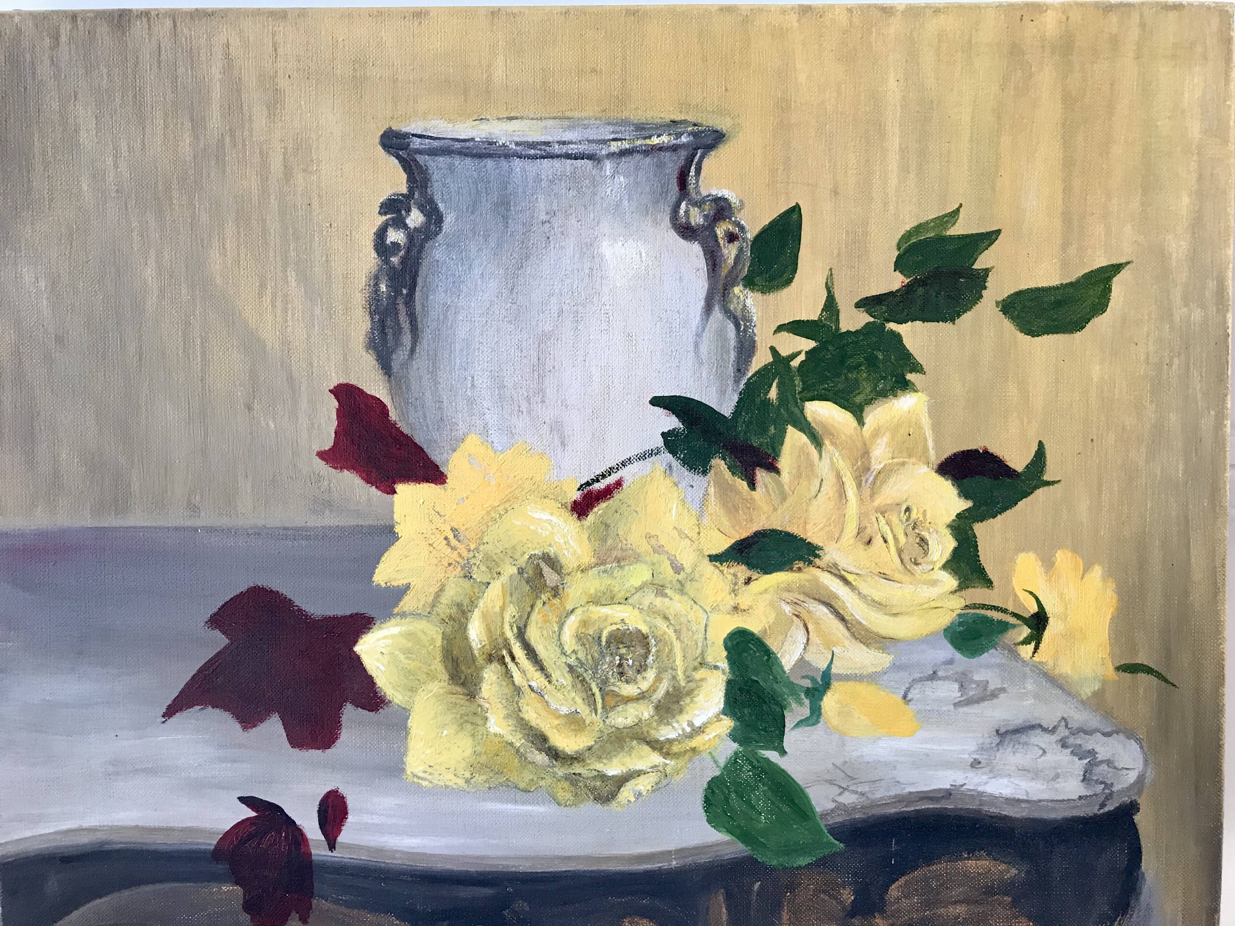 Painting oil on canvas flowers still life vintage 50s