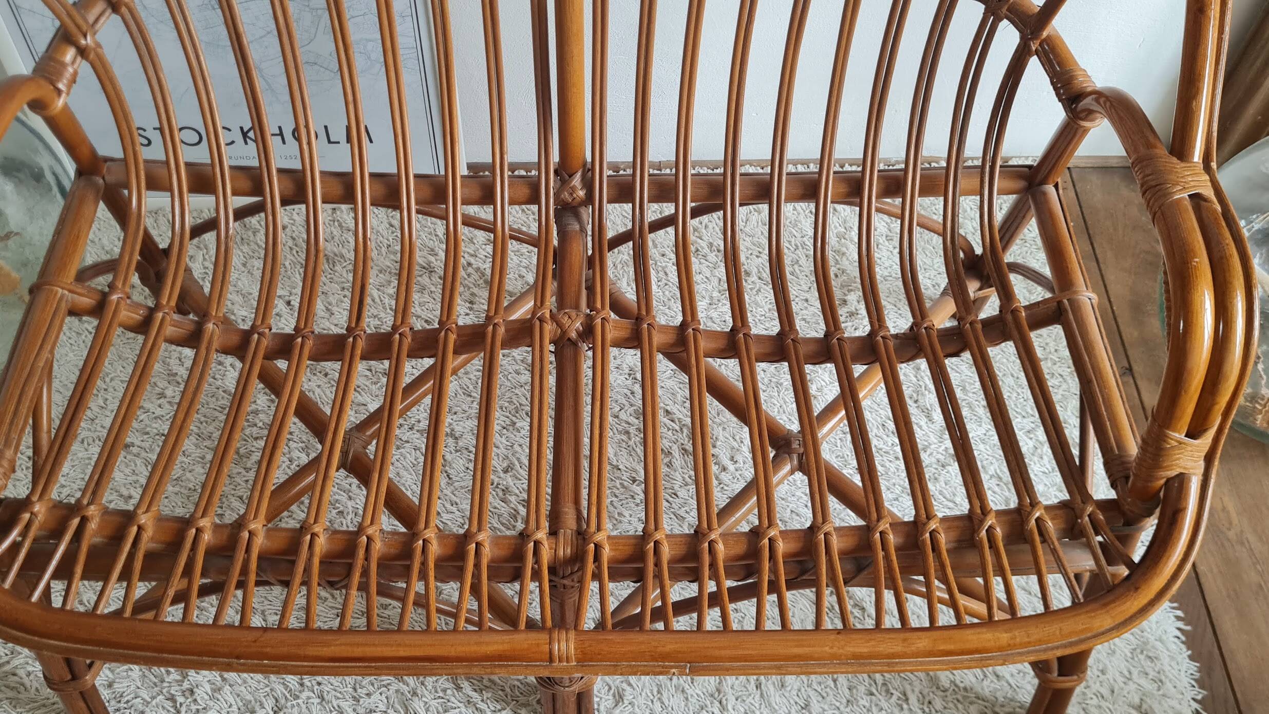 Vintage 1970s rattan bench