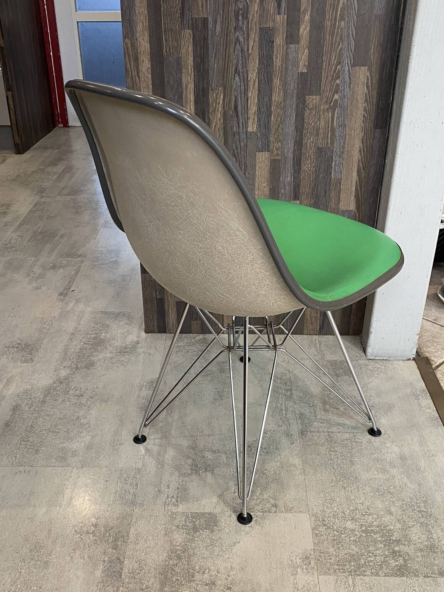 Eames Herman Miller DSR Eiffel chair in green greige fibreglass and vinyl.