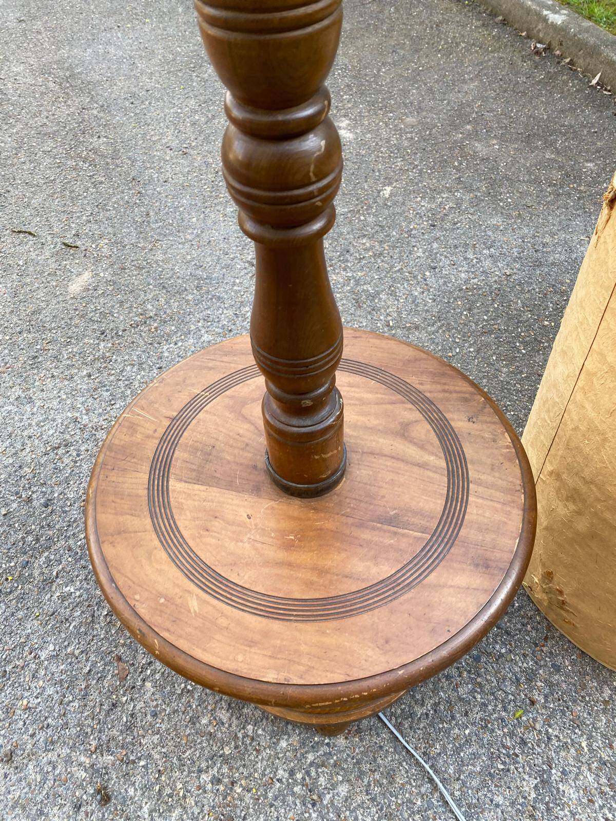 Art Deco floor lamp with wooden shelf and beige floral shade