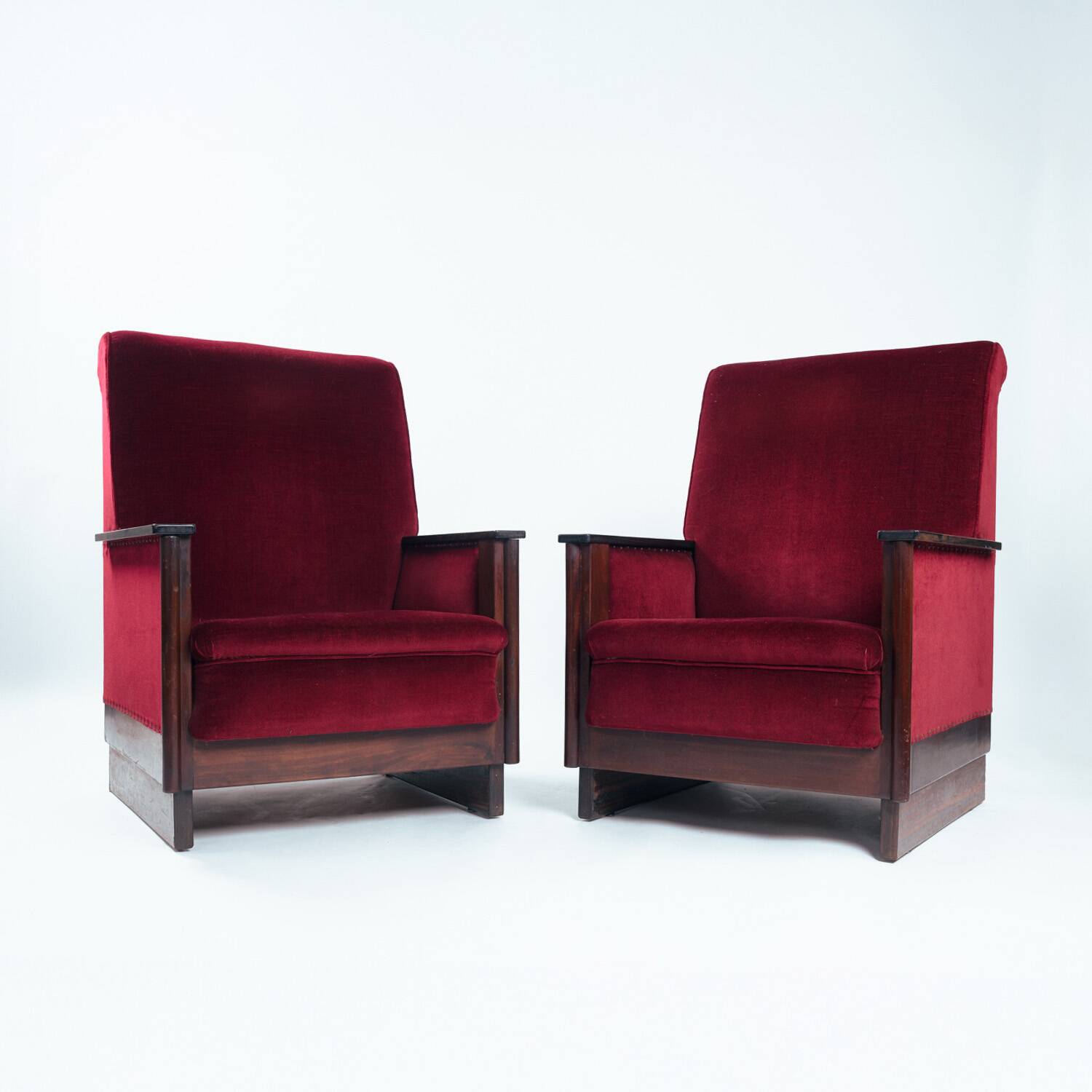 2 red velvet Amsterdam School Art Deco chairs, The Netherlands, 1930s