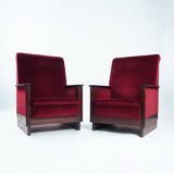 2 red velvet Amsterdam School Art Deco chairs, The Netherlands, 1930s
