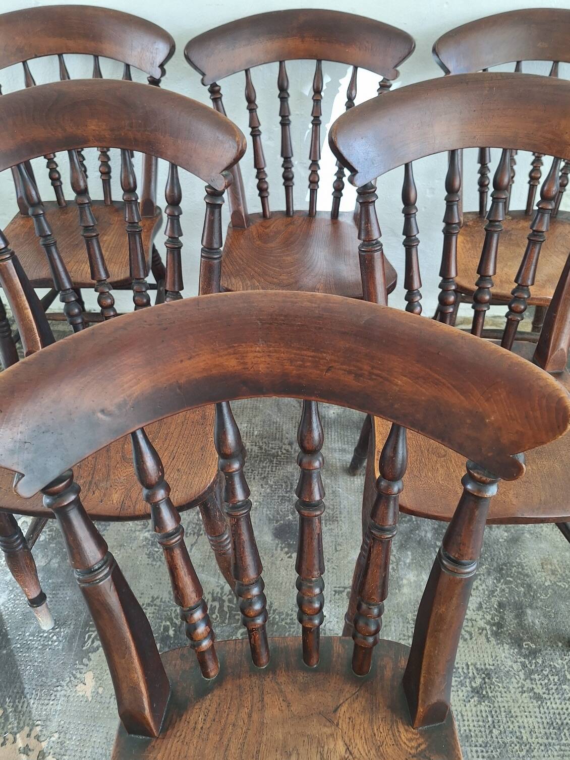 Antique set of 6 farmhouse patinated oak dining chairs, 19th century