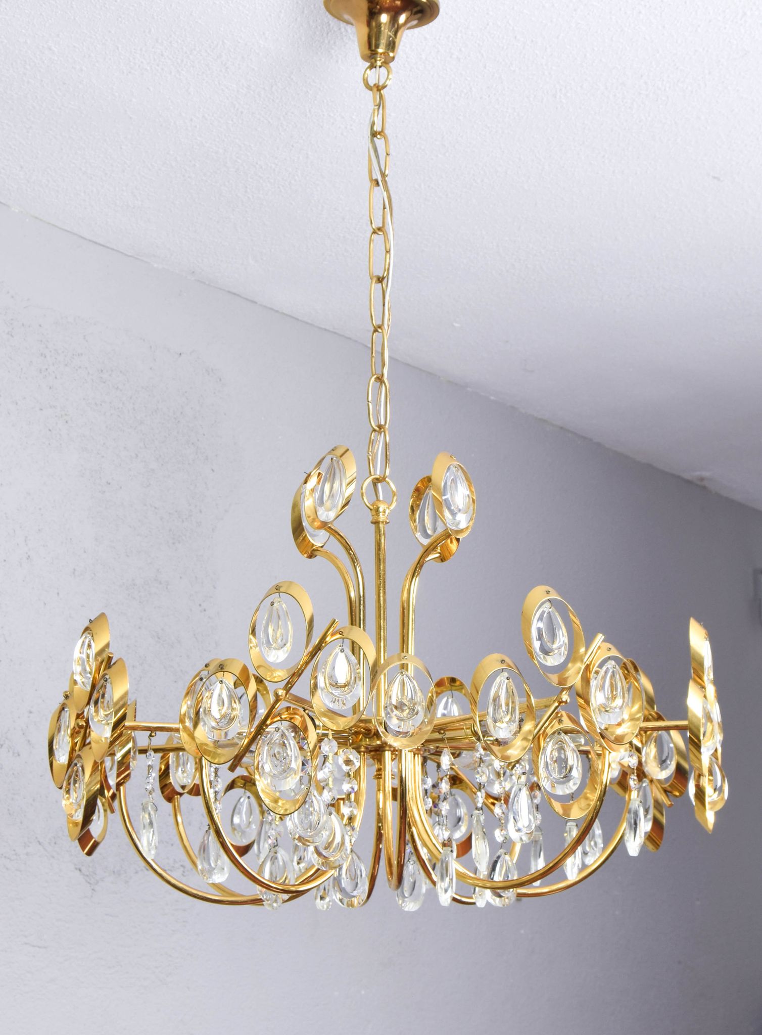 Mid century hollywood regency palwa gilt brass and crystal chandelier