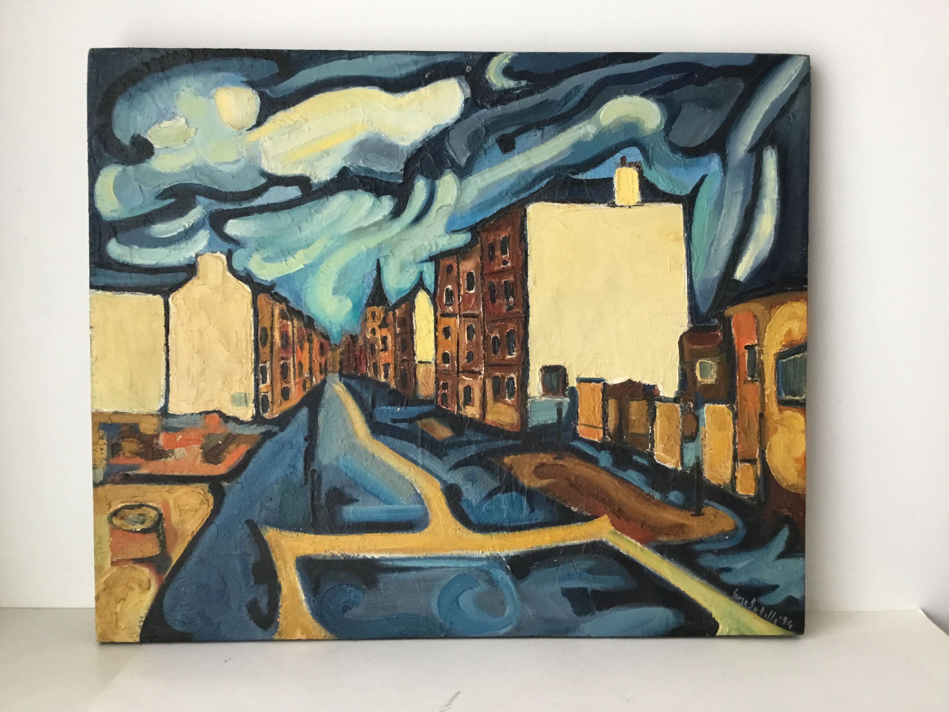 Painting painted on wood "village under the storm"