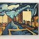 Painting painted on wood "village under the storm"
