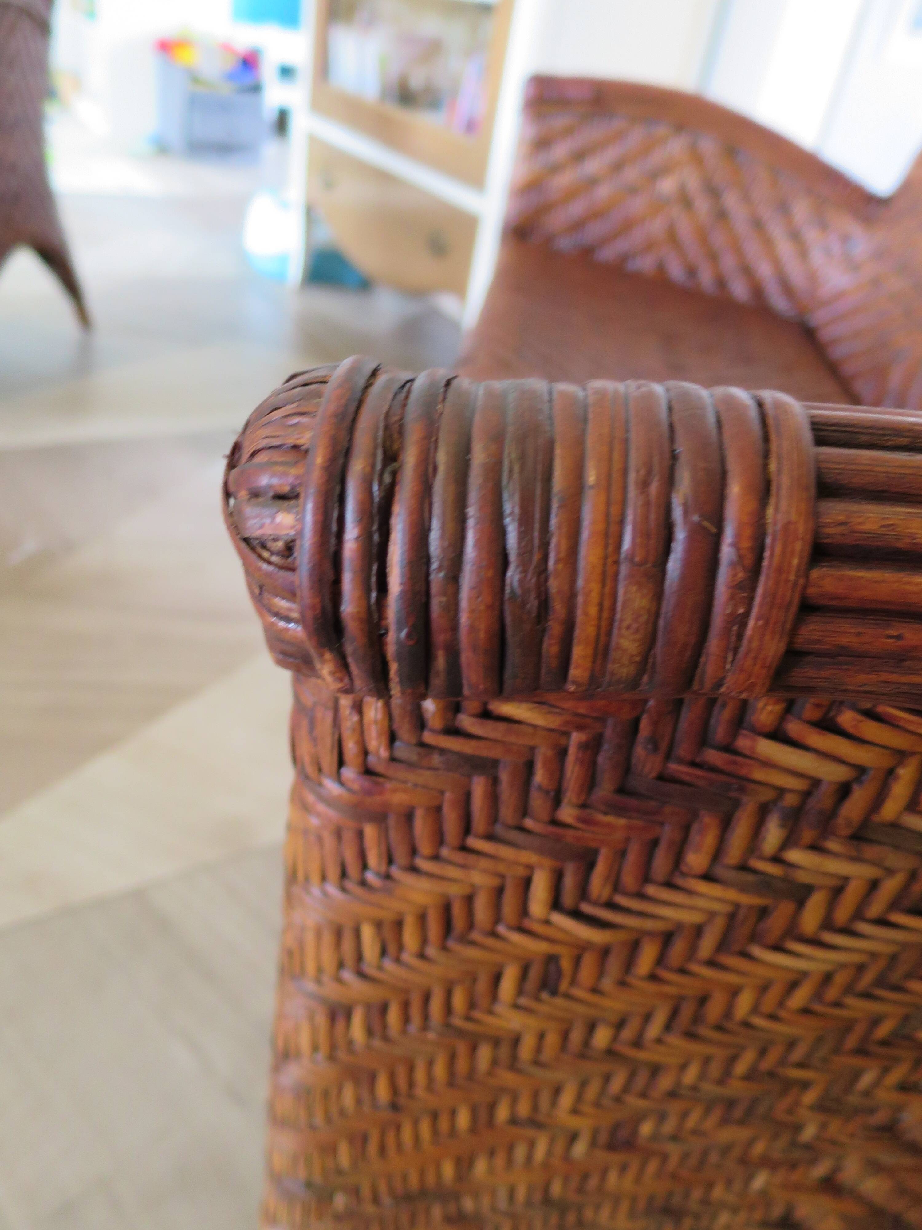 Two-seater banquette in woven rattan, wood and bamboo, 1980s.