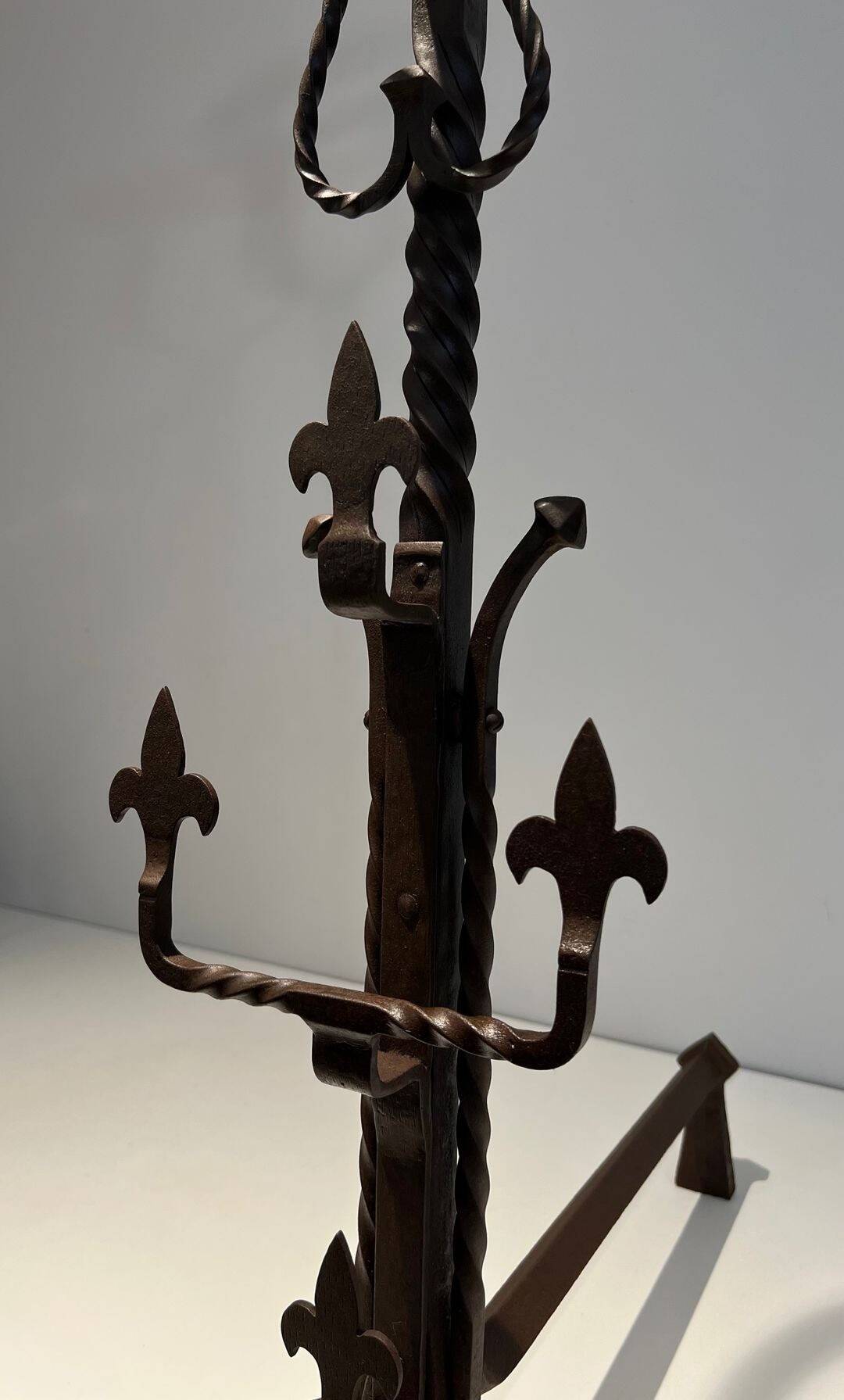Important Pair of Gothic Wrought Iron Andirons with Fleur-de-Lis