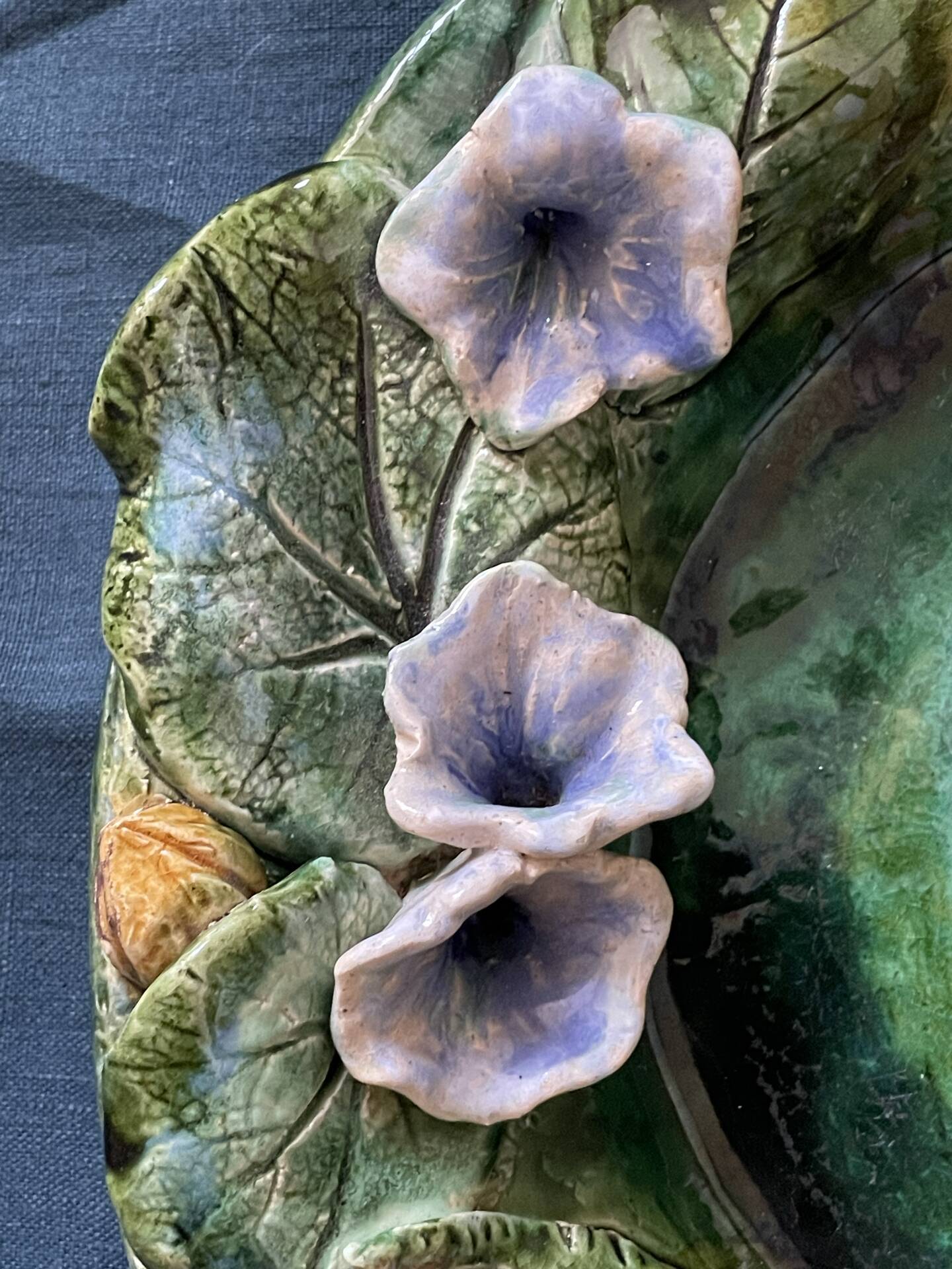 Old Hollow Round Plate in Majolica Barbotine Decorated with Bindweed and Nuts