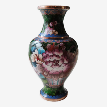 Vase balustre artisanal chinois, peint main, en émail cloisonné/motifs floraux, pivoines 21 cm