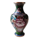 Vase balustre artisanal chinois, peint main, en émail cloisonné/motifs floraux, pivoines 21 cm