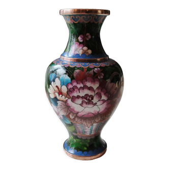 Vase balustre artisanal chinois, peint main, en émail cloisonné/motifs floraux, pivoines 21 cm