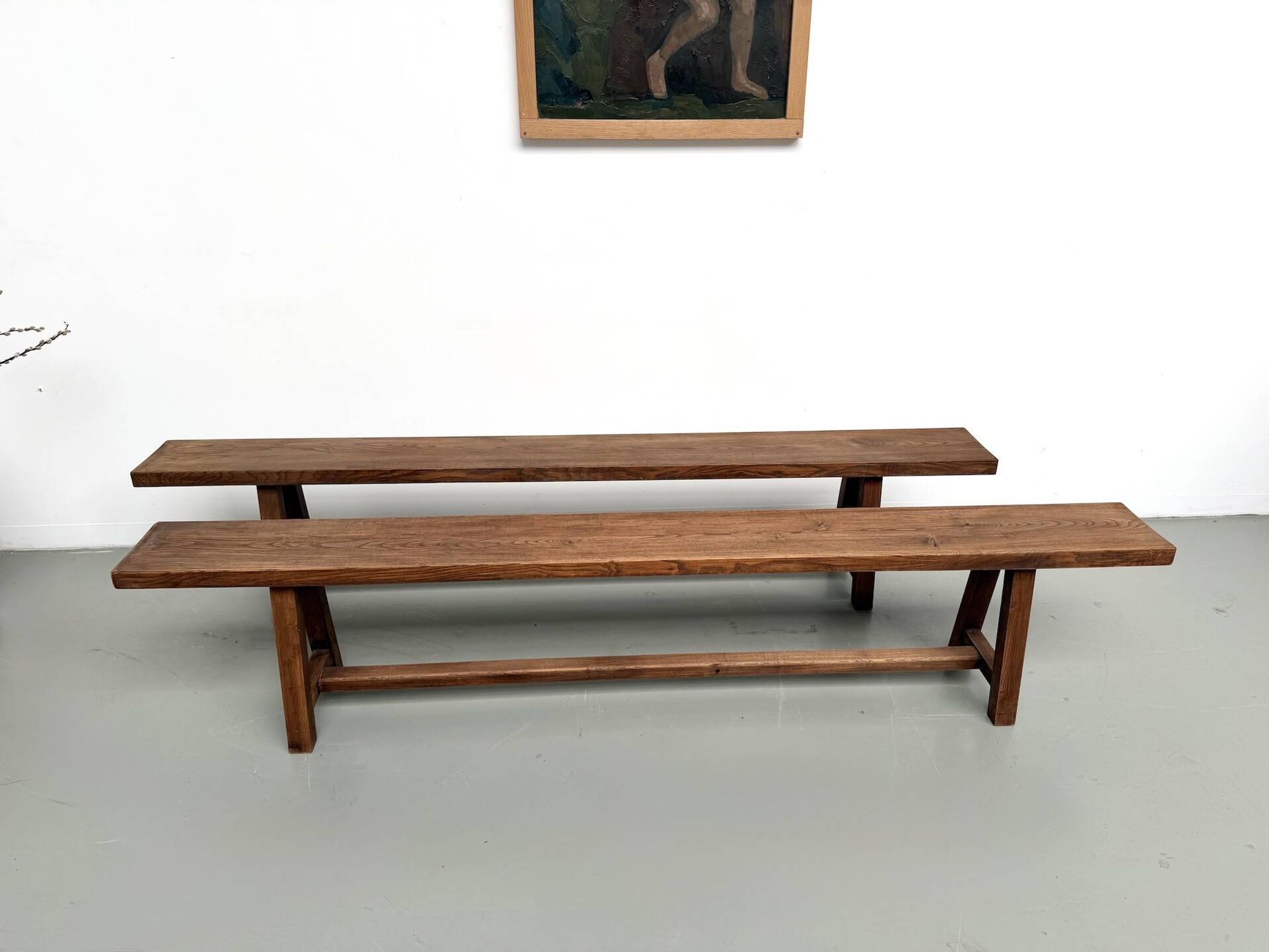 Pair of XL size benches in solid oak, 1950s.
