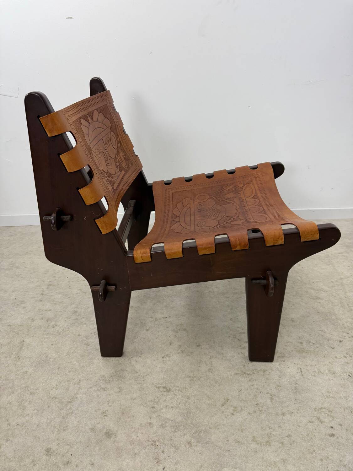 Vintage teak and leather armchair design Angel Pazmino brand Ecuador vintage 1960
