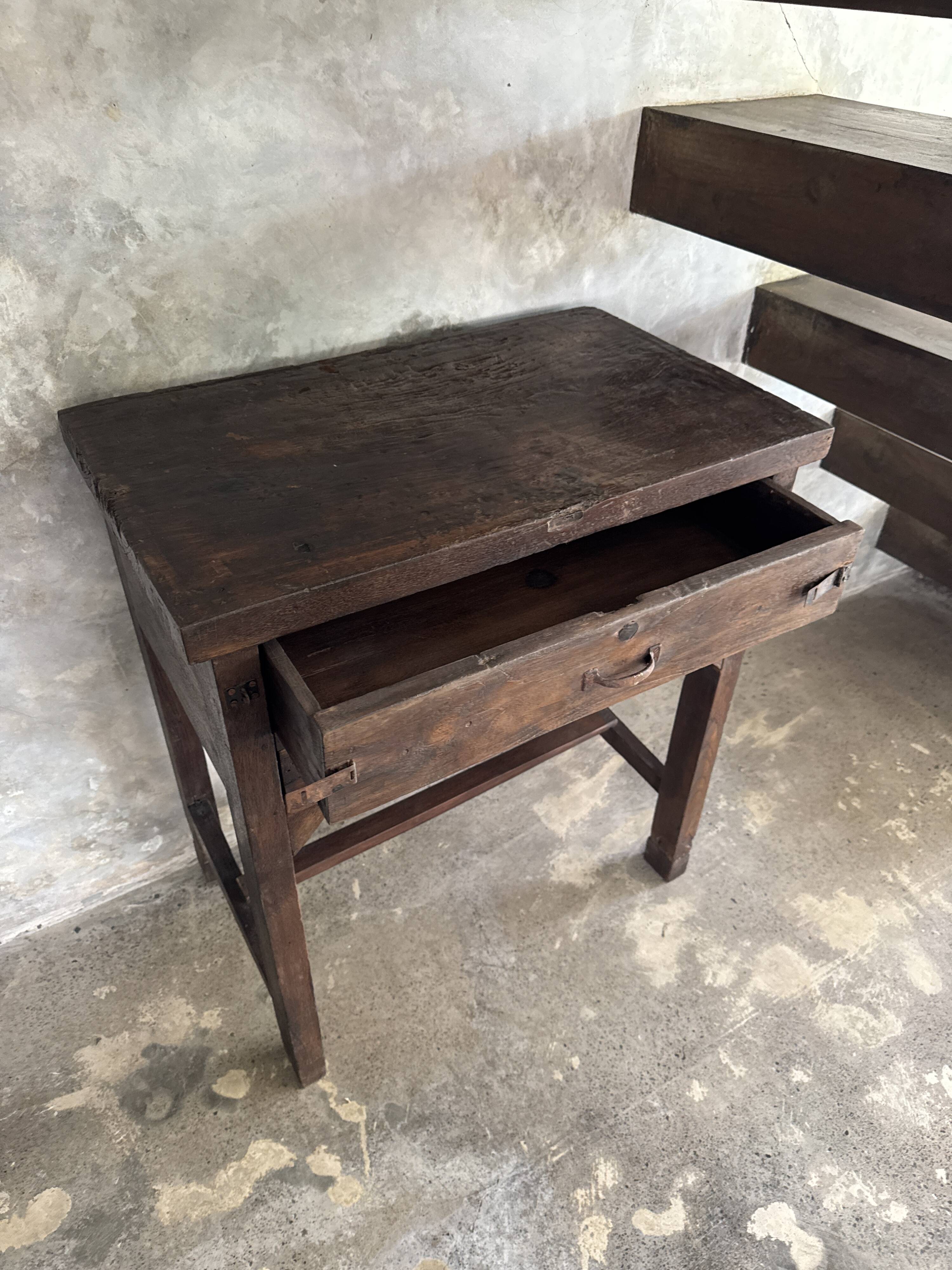 Antique Indonesian teak workbench with two drawers and stretcher H89.