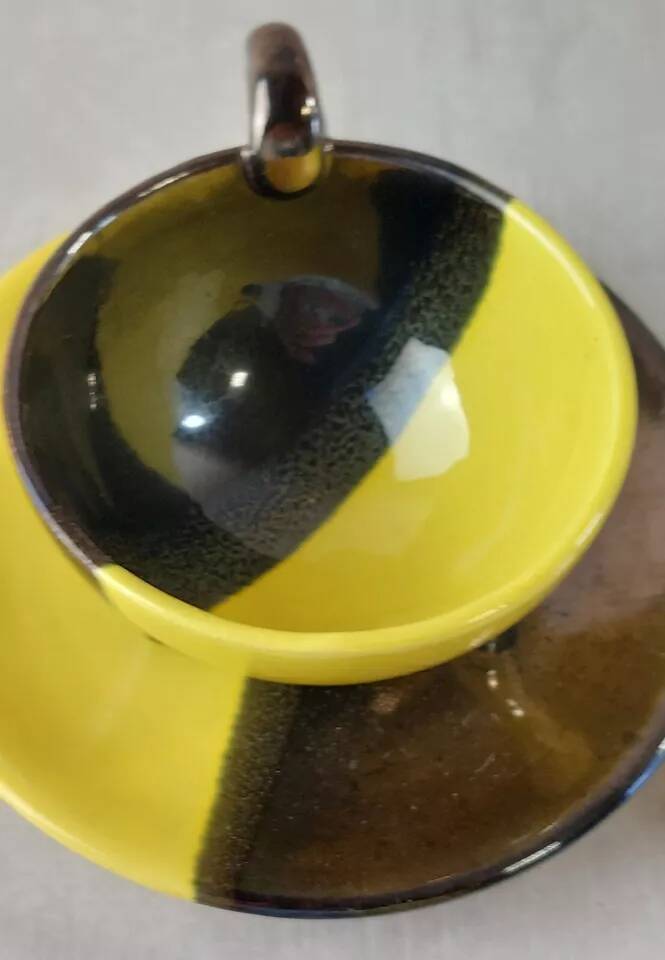 Set of 5 cups + saucers, two-tone ceramic, Luc Lucchesi, by Vall