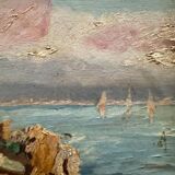 Huile sur carton représentant une côte rocheuse par M. Garrec XXe