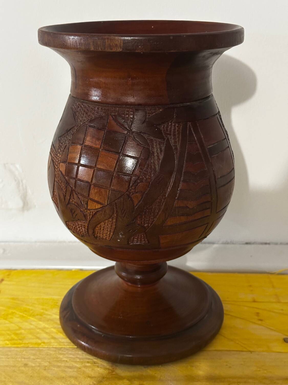 Vintage Turned and Carved Wooden Vase - Vine Decor H 28 cm