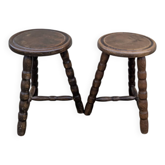 Paire De Tabourets Tripode Boule 60/70 Vintage Sellette Porte-Plante D