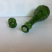 Green carafe bottle with apple, pear, and grape pattern from Italy.