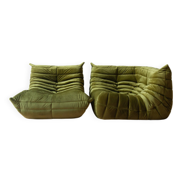 Togo set of corner armchair and  lounge in olive green velvet