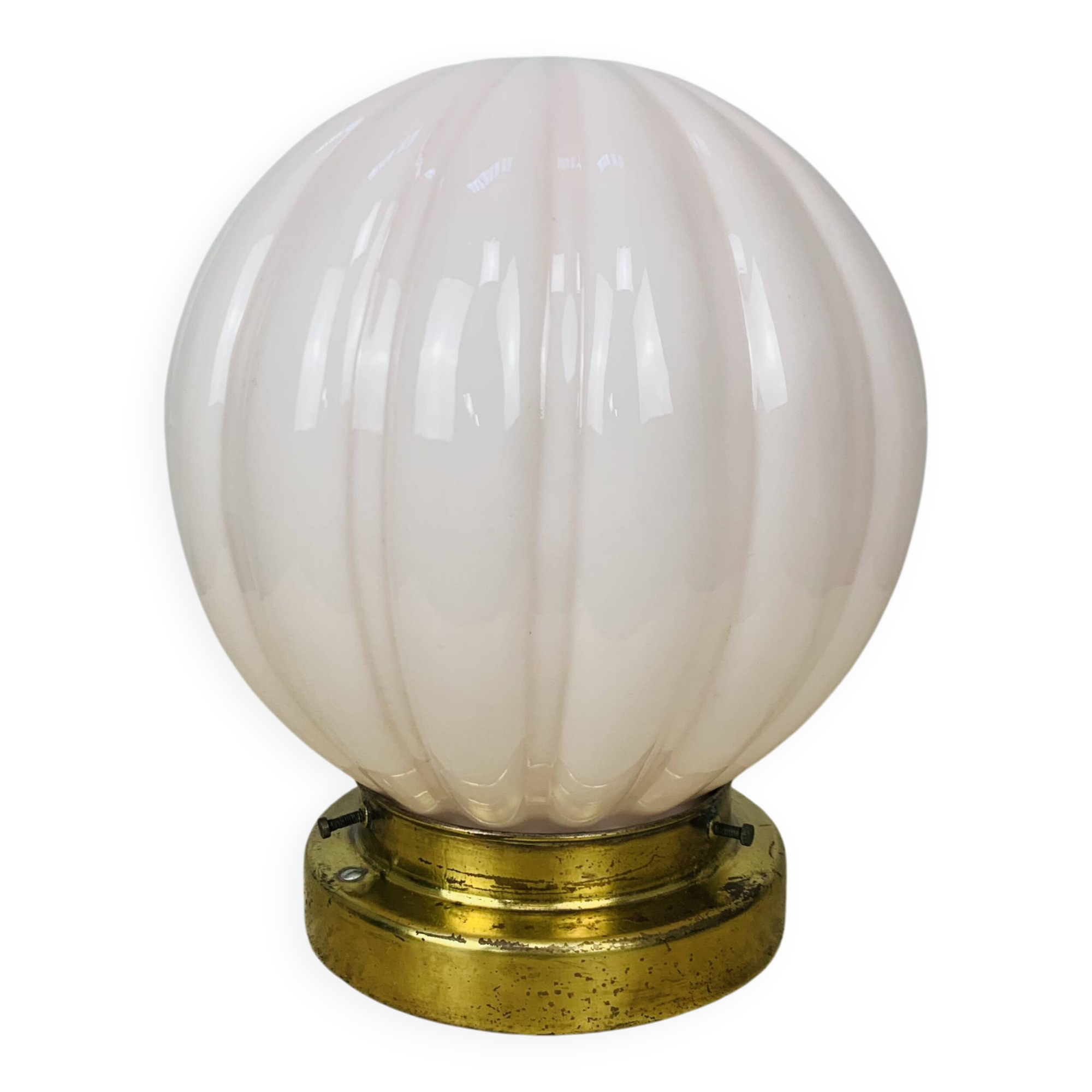 Pink art deco opaline globe wall light, gilded brass base, ceiling light